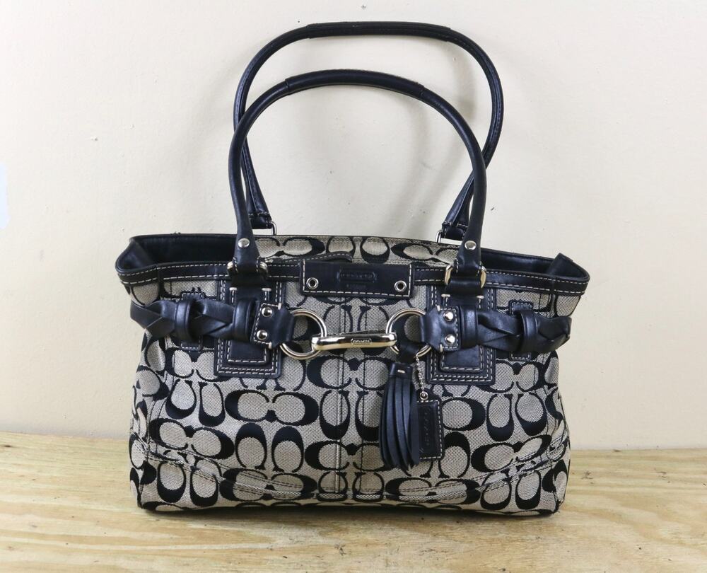 Vintage Coach Bag Hampton Signature Black Grey Tote Bag Braided Leather F15665